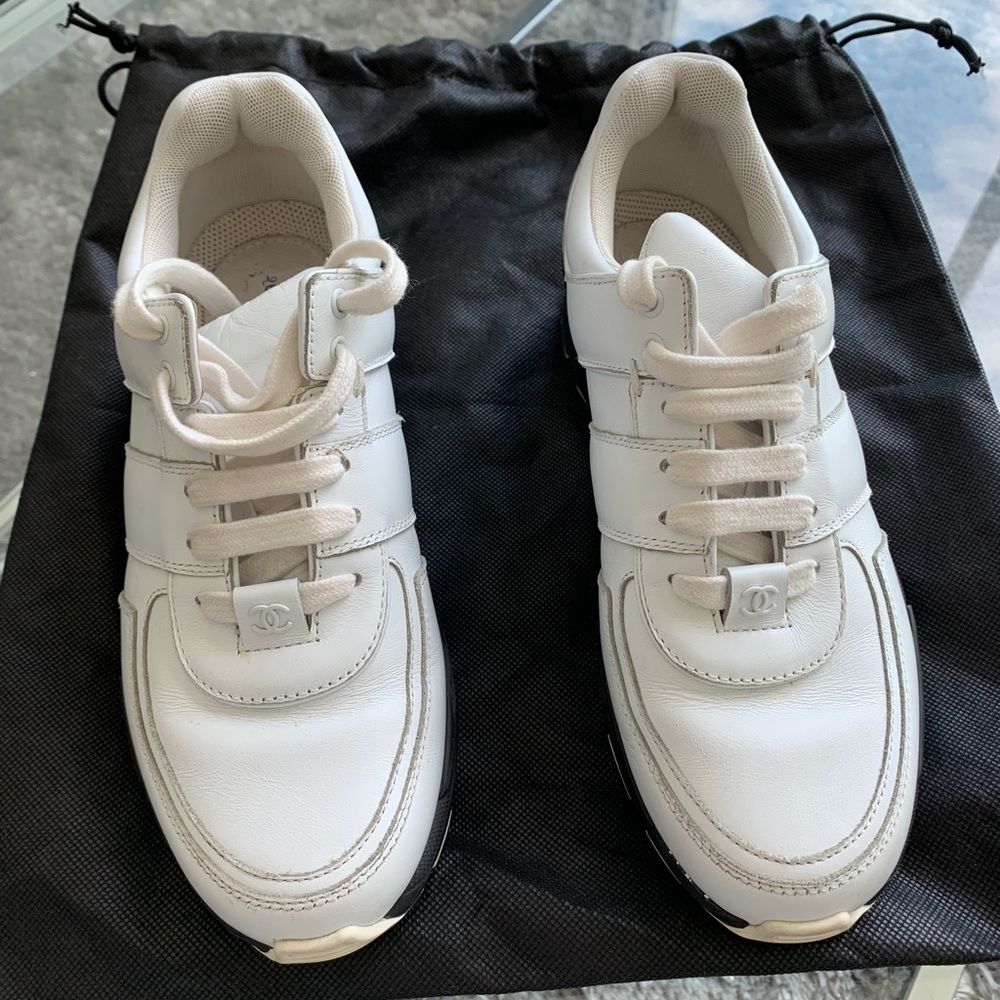 Chanel Black White Tweed Leather Lace Up Sport Runner Trainers Sneakers